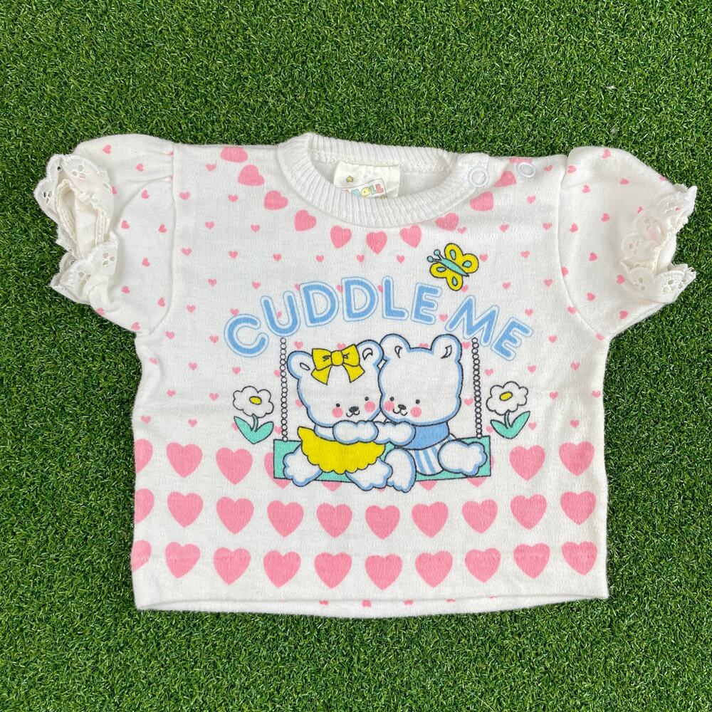 Vintage 60s 70s Small Stars Cuddle Me Teddy Bear Graphic Girls T Shirt Sz 0-3Mo
